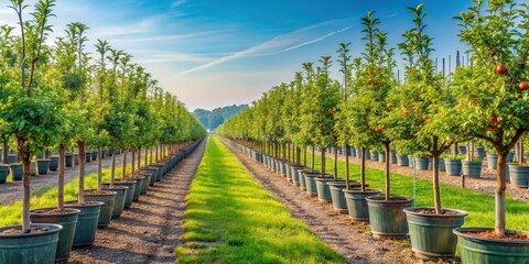 Obraz premium Fruit trees lined up neatly in a fruit plant nursery, fruit, trees, nursery, garden, agriculture, farming, plant, growth