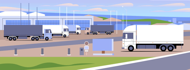 Various large semi-trucks at modern logistics center flat vector illustration. Rest parking lot area for truck drivers simple banner © Aroma_Art