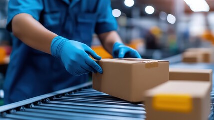 A man wearing blue gloves is handling a brown cardboard box