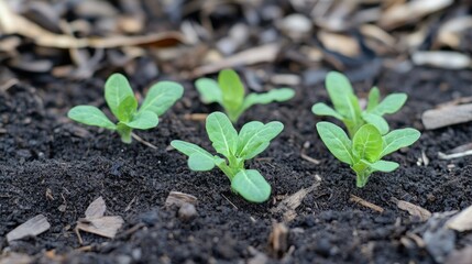 Fresh Green Seedlings Growing in Rich Dark Soil on a Garden Bed