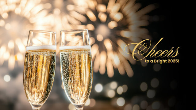 Cheers To a Bright 2025 New Year Celebration Banner with Champagne Glasses in Fireworks Background.