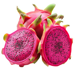 Fresh red flesh dragon fruit, white background.