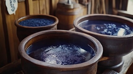 Traditional Dyeing Technique with Natural Blue Indigo in Wooden Bowls