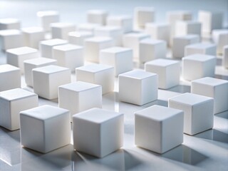 Obraz premium Abstract Arrangement of White Cubes in a Minimalist Setting Showcasing a High Depth of Field with Soft Shadows and Bright Lighting for Contemporary Design and Art Concepts