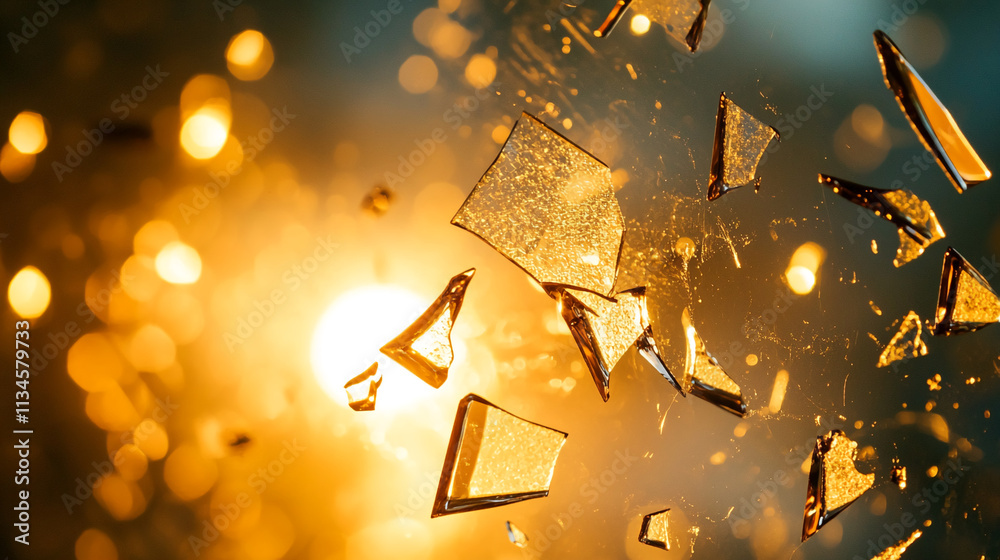 Poster shattered glass fragments reflecting golden light in a dynamic and captivating display