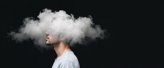 Person with head obscured by cloud against dark background