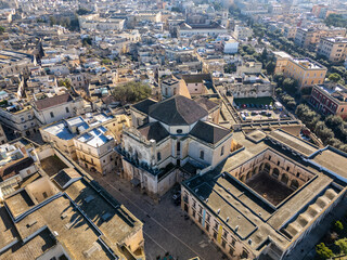 Aerial drone view of the historic city center in Lecce, a town in Puglia, southern Italy.