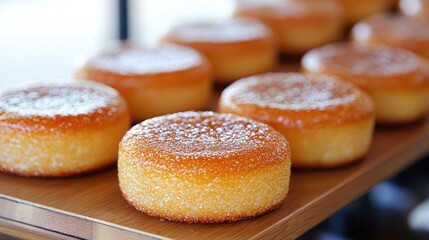 Freshly Baked Round Cakes Dusting with Powdered Sugar Displayed