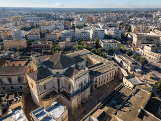 Aerial drone view of the historic city center in Lecce, a town in Puglia, southern Italy.