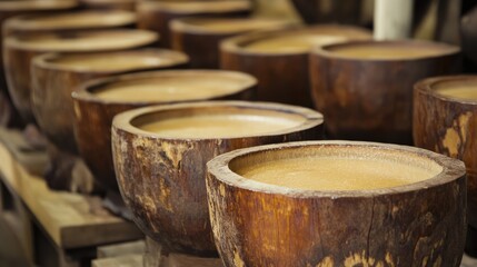 Fototapeta premium Rustic Wooden Bowls Arranged in Workshop for Craftsmanship Display