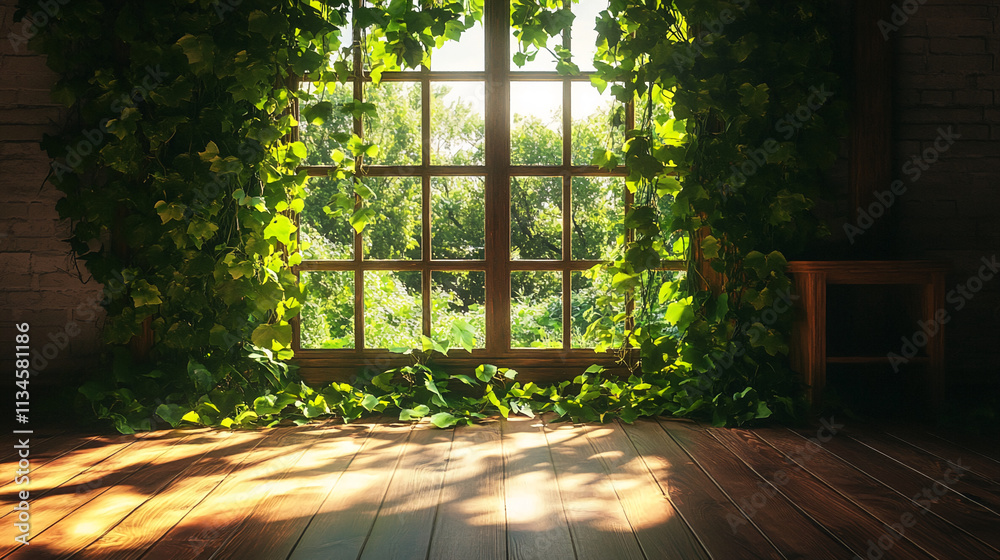 Aufkleber Sunlight filters through an ivy-covered window in a tranquil indoor space surrounded by nature