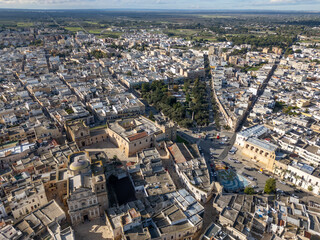 Aerial drone view of the southern Italian town of Mesagne in Puglia.
