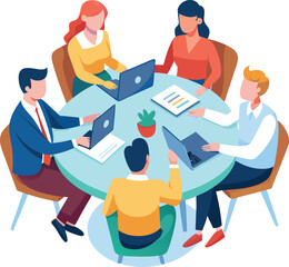 Partners meeting for business discussion with documents and laptop on desk. Couple at round table, speaking, discussing work, partnership. Flat vector on a white background