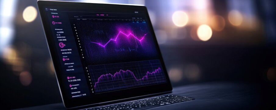 A sleek laptop displays vibrant data visualizations, showcasing colorful graphs and analytics in a modern, tech-inspired setting.