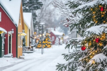 Snowy Winter Street with Festive Decorations and Lights