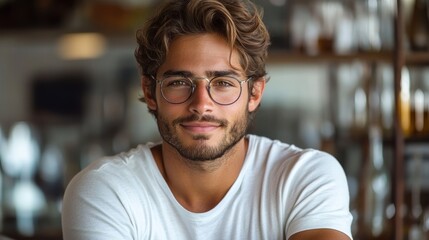 Obraz premium A young man with glasses smiles warmly in a cozy café setting.