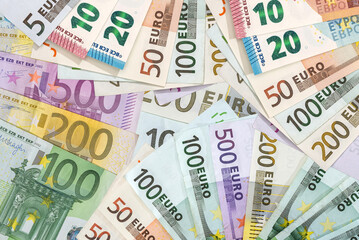 Obraz premium Flat lay of euros banknotes, lot of EU money.