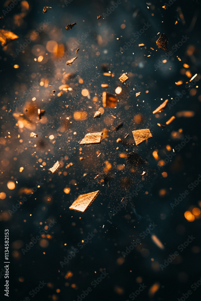 Aufkleber Sparkling golden particles create a mesmerizing display in a dark environment during an artistic explosion moment