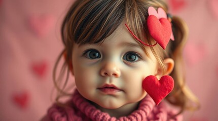 Fototapeta premium Sweetest Valentine: A captivating portrait of a toddler with a heart-shaped decoration on her cheek and hair, showcasing a joyful innocence and the wonder of love. 