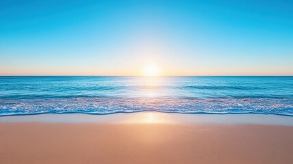 The ocean is calm and the sun is setting, creating a beautiful