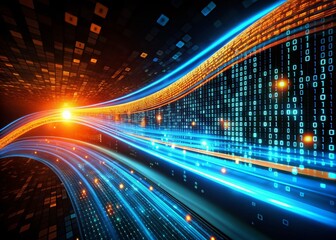 Obraz premium Abstract Data Stream with Glowing Digits in Blue and Orange Colors on Black Background, Representing Modern Technology and Information Flow in a Dynamic Visual Display