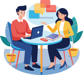Partners meeting for business discussion with documents and laptop on desk. Couple at round table, speaking, discussing work, partnership. Flat vector on a white background