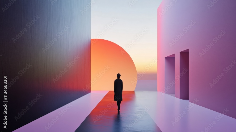 Aufkleber a visitor explores a digital gallery showcasing virtual artworks and avatars, illuminated by a vibra