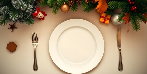 vibrant, dramatically lit Christmas dinner table setting. 