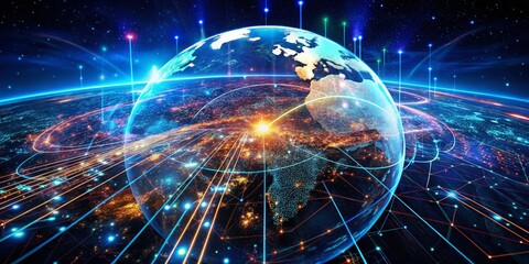 Fototapeta premium Abstract Digital Data Global Hologram Technology in Cyber Space Background with Earth, Showcasing Futuristic Connections and Information for Business Concepts