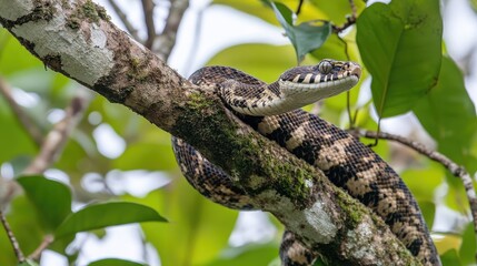 Naklejka premium Camouflaged Snake Resting on a Tree Branch Surrounded by Leaves