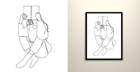 girl reading a book line art illustration