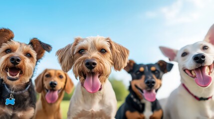 A group of dogs are standing in a field, with one of them having a blue tag