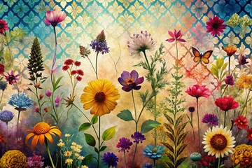 Fototapeta premium Abstract Floral Background with Watercolor Flowers and Textured Ornaments in a Geometric Design, Featuring Meadow Wild Flowers and Harmonious Color Palette for Stunning Visual Appeal