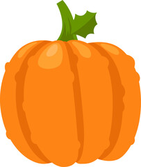 Vibrant orange pumpkin with prominent vertical grooves and a bright green stem and leaf, embodying the essence of autumn harvest and festive celebrations