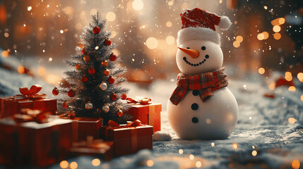Fototapeta premium christmas tree, snowman, and gift boxes, fantasy style