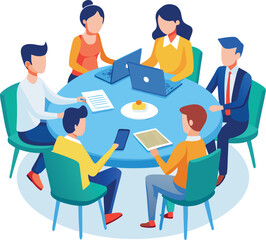 Partners meeting for business discussion with documents and laptop on desk. Couple at round table, speaking, discussing work, partnership. Flat vector on a white background