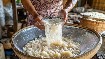 Hand sifting rice grains in traditional method with wooden bowl