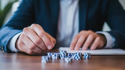 A man is sitting at a table with a pile of poker chips in front of him