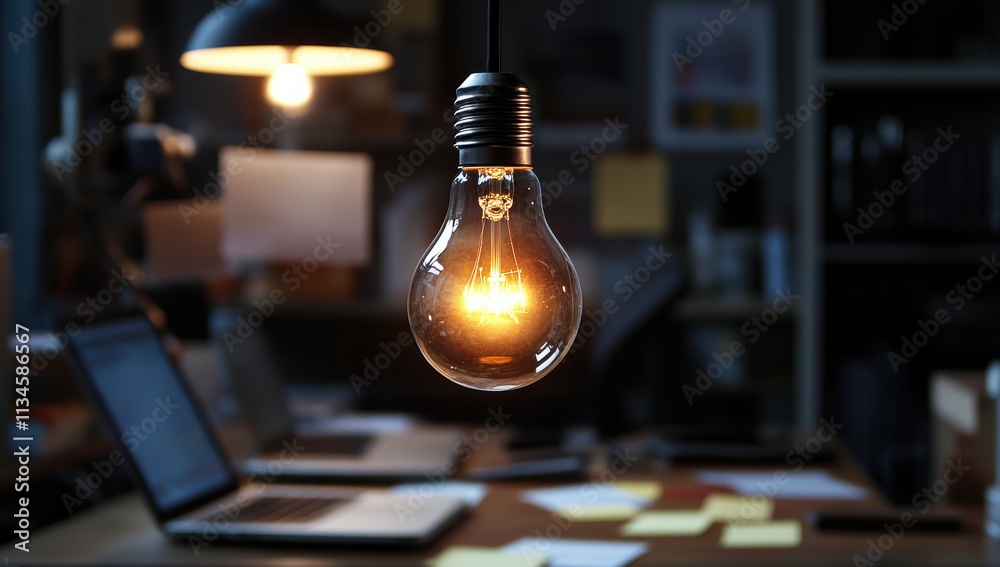 Poster A glowing light bulb lights up a dynamic workspace with laptops and colorful sticky notes, symbolizing inspiration and innovative ideas for effective goal setting and selfimprovement