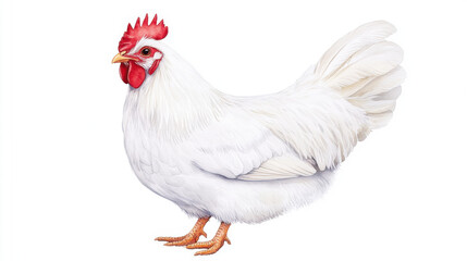 Fluffy white hen with red comb and wattles, showcasing its vibrant feathers and charming presence
