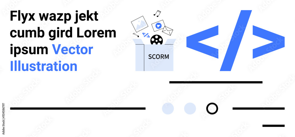 Wall mural scorm content box with media icons, large blue code symbol, various lines and dots, abstract text. i