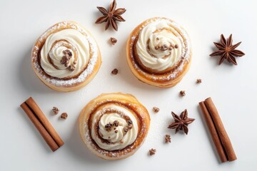 Delicious cinnamon rolls topped with cream and spices arranged on a light backdrop for a cozy dessert feeling