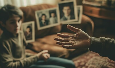 Outstretched hand, child, old photos, blurry background.
