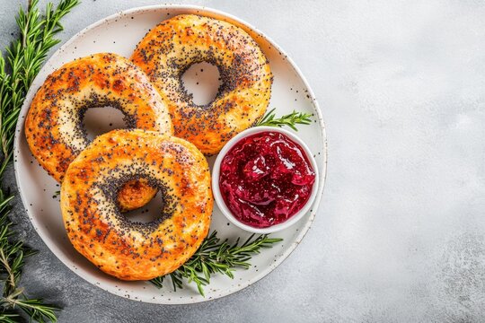 Delicious freshly baked bagels served with berry jam on a white plate with herbs