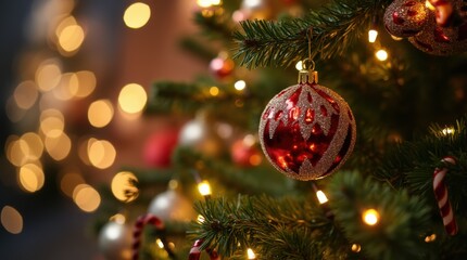 Glittery Christmas Tree Branch with Ornaments and Candy Canes