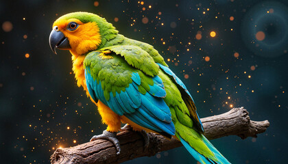 Vibrant parrot perched on a branch surrounded by magical sparkles
