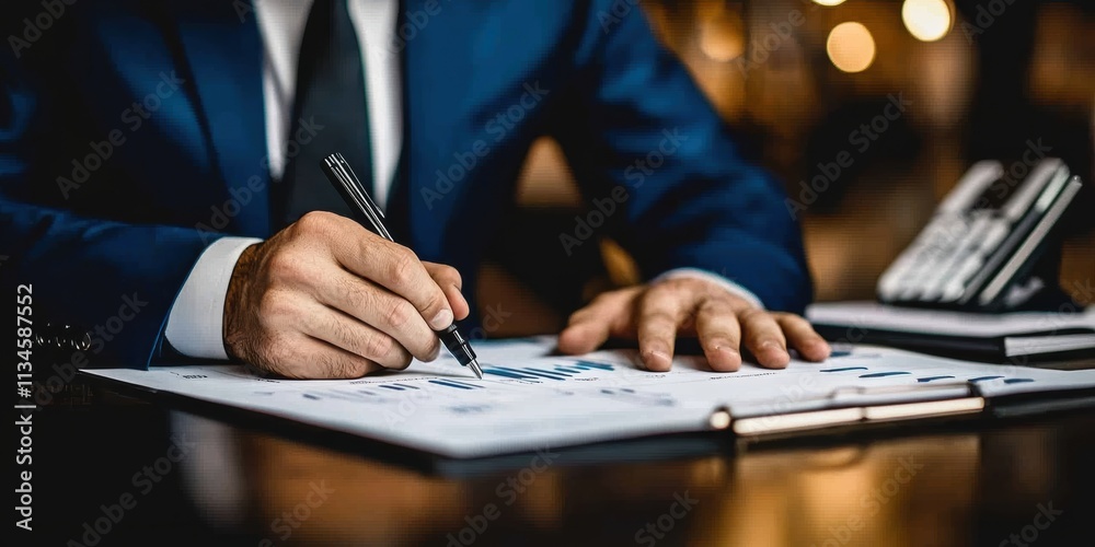 Poster A businessman in a suit writing on a document while planning and setting goals at a sleek desk, with a calculator and notes nearby, emphasizing self-improvement and effective planning.