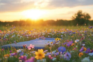 Yoga mat surrounded by wildflowers at sunrise in serene landscape
