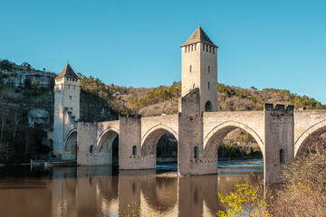 The 14th and 15th century Valentré bridge, a UNESCO World Heritage Site, crossing the Lot river in the town of Cahors in France