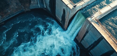 Aerial view of the dam and waterway, showcasing its scale from an aerial perspective. 